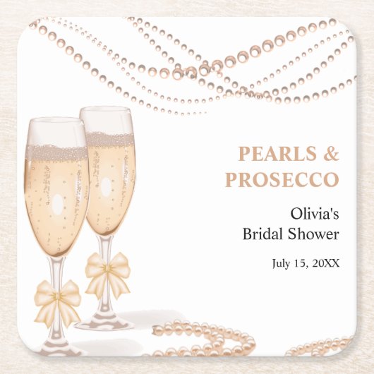 Elegant Gold Bow Pearls and Prosecco Bridal Shower スクエアペーパーコースター (正面)