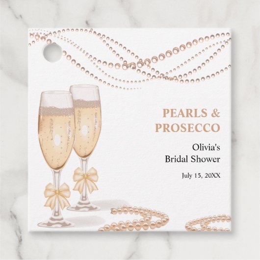Elegant Gold Bow Pearls and Prosecco Bridal Shower フェイバータグ (正面)