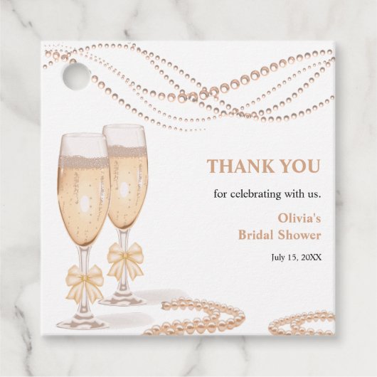 Elegant Gold Bow Pearls and Prosecco Bridal Shower フェイバータグ (正面)