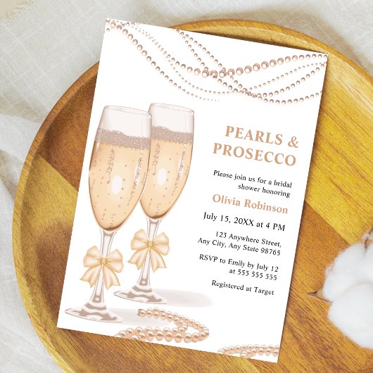 Elegant Gold Bow Pearls and Prosecco Bridal Shower 招待状