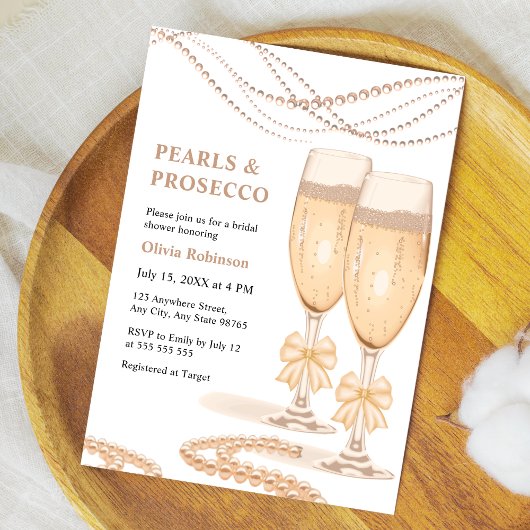 Elegant Gold Bow Pearls and Prosecco Bridal Shower 招待状