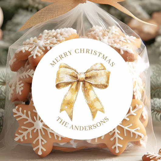 Elegant Gold Bow Personalized Christmas ラウンドシール