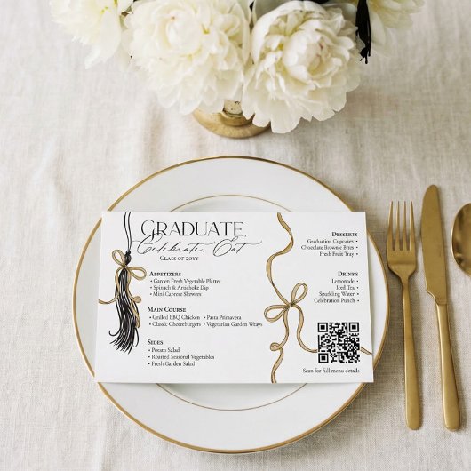 Elegant Gold Bow & Tassel Graduation Party Menu チラシ