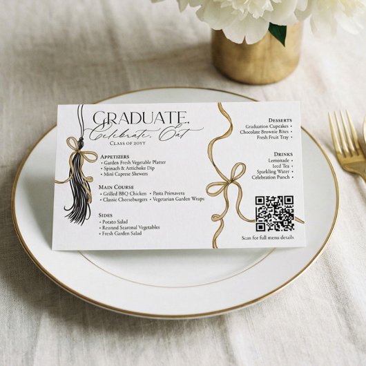Elegant Gold Bow & Tassel Graduation Party Menu チラシ