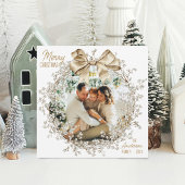 Elegant Gold Bow Watercolor Wreath Photo Christmas シーズンカード