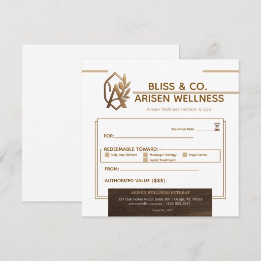 Elegant Gold & Brown Wellness Spa Gift Certificate (正面/裏面)