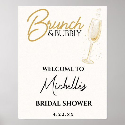 Elegant Gold Brunch & Bubbly Bridal Shower Sign ポスター (正面)