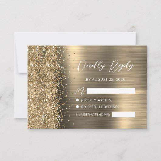 Elegant Gold Brushed Metal Glitter Script Wedding 出欠カード (正面)