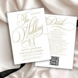 Elegant gold calligraphy all in one white wedding 招待状