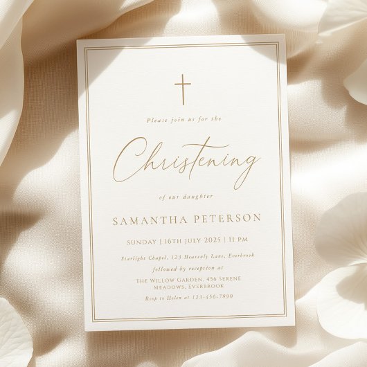 Elegant Gold Calligraphy Christening 招待状