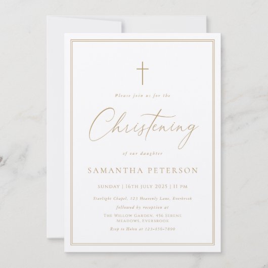 Elegant Gold Calligraphy Christening 招待状 (正面)
