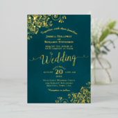 Elegant Gold Calligraphy Dark Teal Frilly Wedding 箔招待状 (立ち正面)