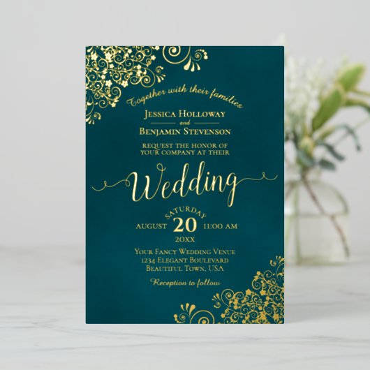 Elegant Gold Calligraphy Dark Teal Frilly Wedding 箔招待状 (立ち正面)