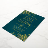 Elegant Gold Calligraphy Dark Teal Frilly Wedding 箔招待状 (回転した状態)