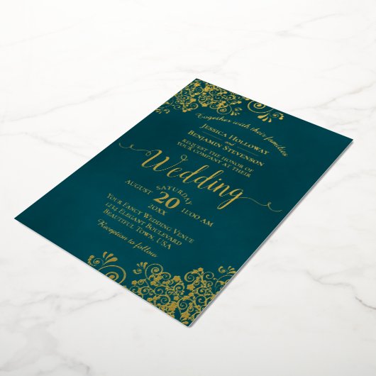 Elegant Gold Calligraphy Dark Teal Frilly Wedding 箔招待状 (回転した状態)
