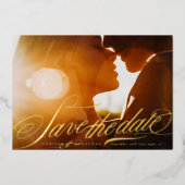 Elegant Gold Calligraphy Photo Save The Date 箔招待状 (正面)