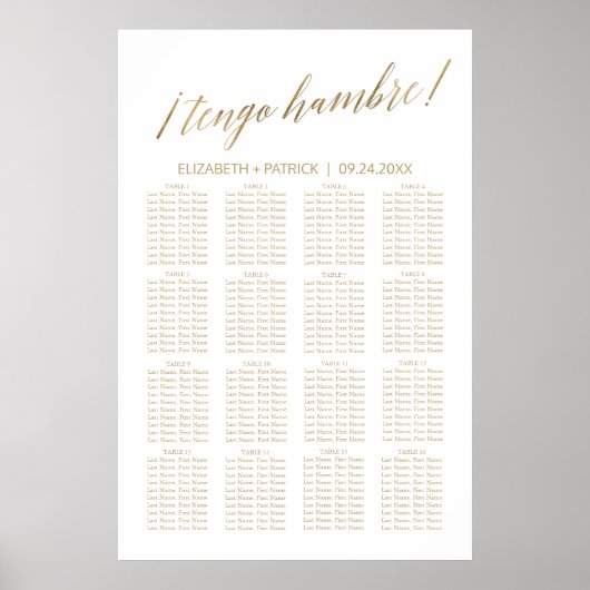 Elegant Gold Calligraphy Tengo Hambre Table Plan ポスター (正面)