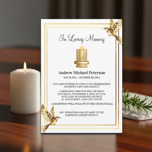 Elegant Gold Candle Celebration Of Life Funeral 招待状