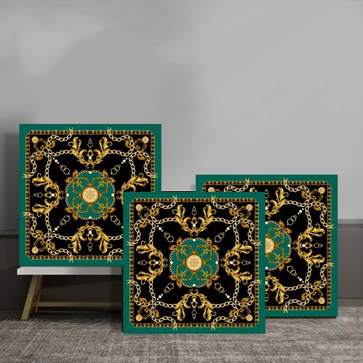 Elegant Gold Chain and Baroque Luxury Green and Bl タイル