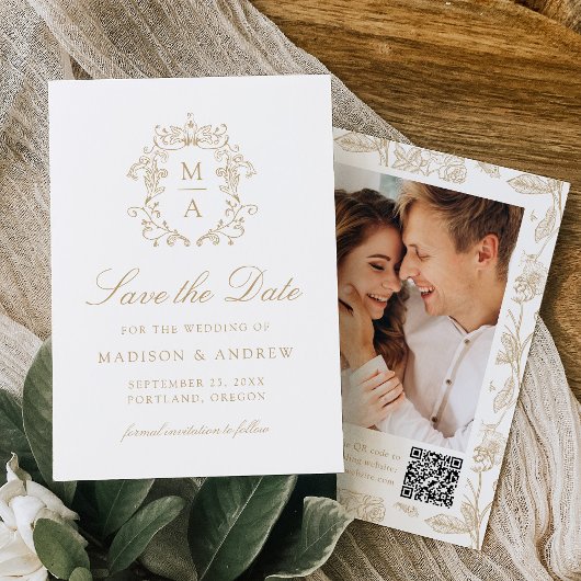 Elegant Gold Chinoiserie Floral QR Code Wedding セーブザデート