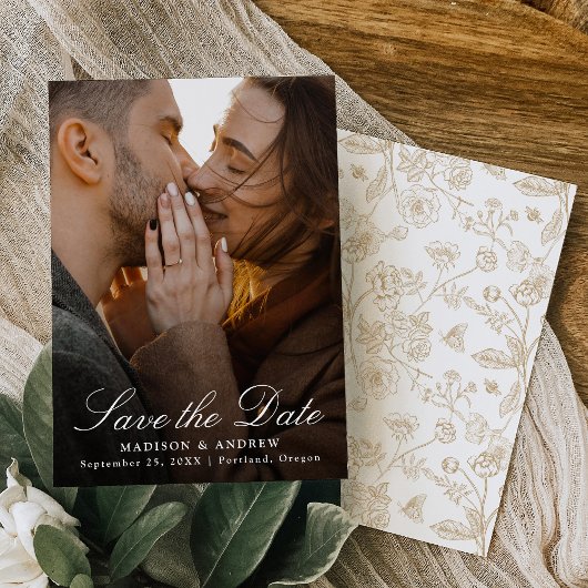 Elegant Gold Chinoiserie Photo Wedding セーブザデート