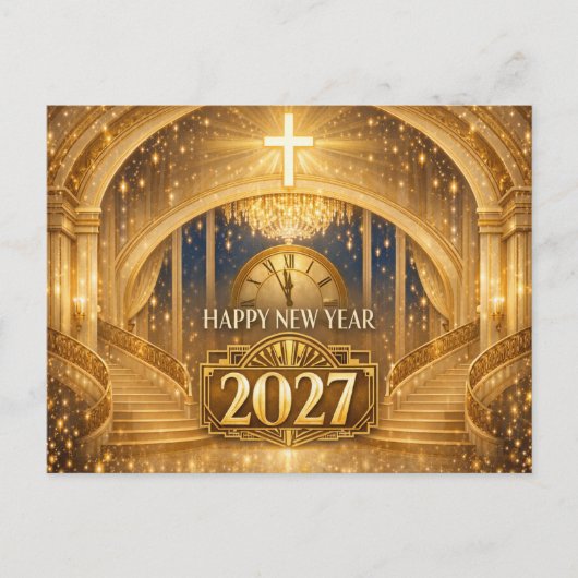 Elegant Gold Christian Happy New Year 2027 シーズンポストカード (正面)