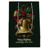 Elegant Gold Christmas Bell with Festive Bow Holly ミディアムペーパーバッグ (裏面)