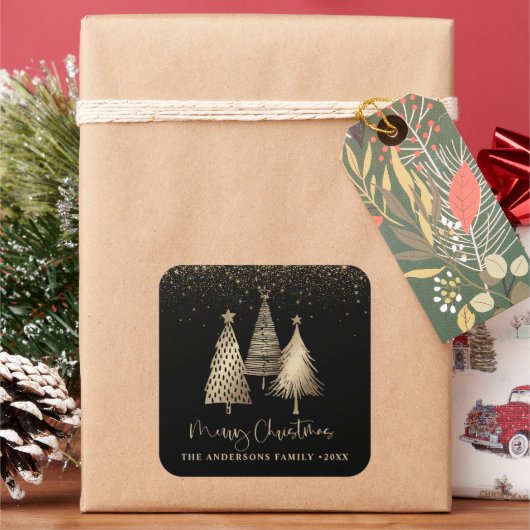 Elegant Gold Christmas Tree Glitter Snow スクエアシール (クリスマス)