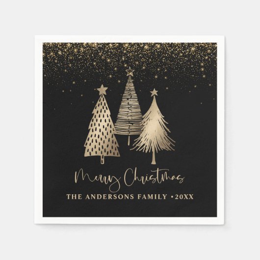 Elegant Gold Christmas Tree Glitter Snow スタンダードカクテルナプキン (正面)