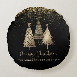 Elegant Gold Christmas Tree Glitter Snow ラウンドクッション