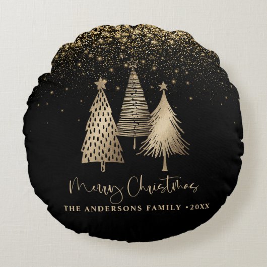 Elegant Gold Christmas Tree Glitter Snow ラウンドクッション (正面)