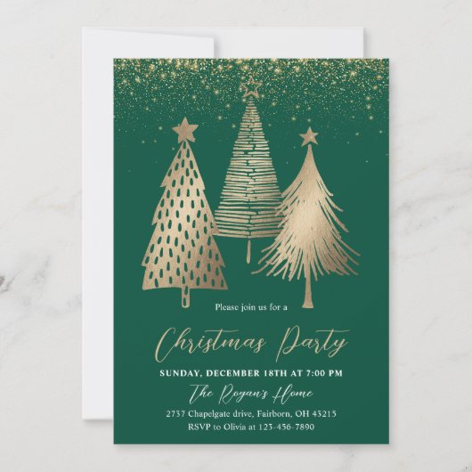 Elegant Gold Christmas Tree Glitter Snow  招待状 (正面)
