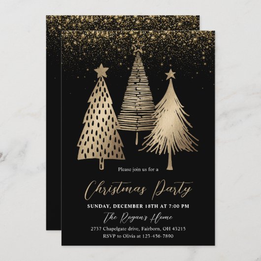 Elegant Gold Christmas Tree Glitter Snow  招待状 (正面/裏面)
