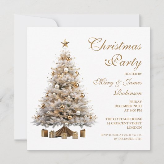 Elegant Gold Christmas Tree Holiday Party  招待状 (正面)