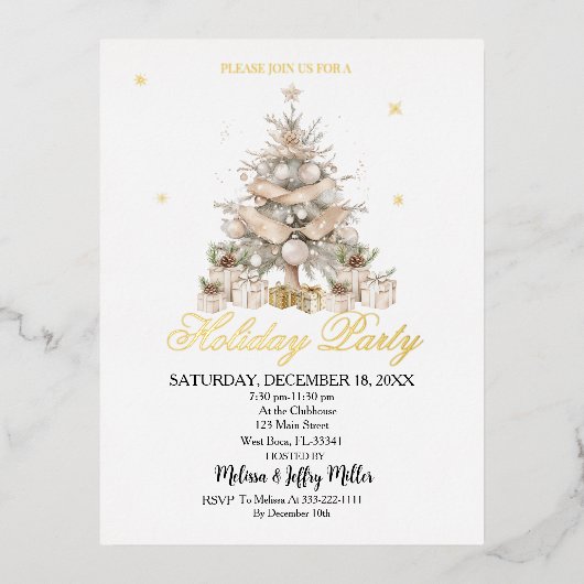 Elegant Gold Christmas Tree Holiday Party 箔招待状ポストカード (正面)