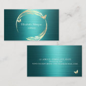 Elegant Gold Circles Butterflies Green Metallic 名刺 (正面/裏面)
