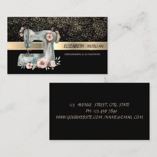 Elegant Gold Confetti,Floral Sewing Machine 名刺 (正面/裏面)