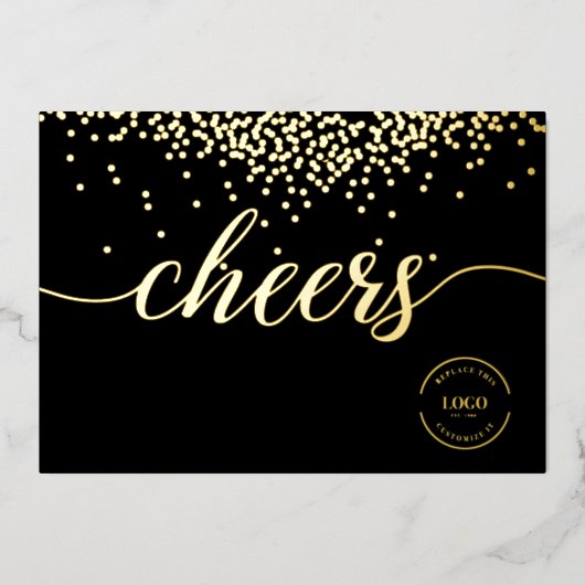 Elegant gold confetti on black Cheers logo 箔シーズンカード (正面)