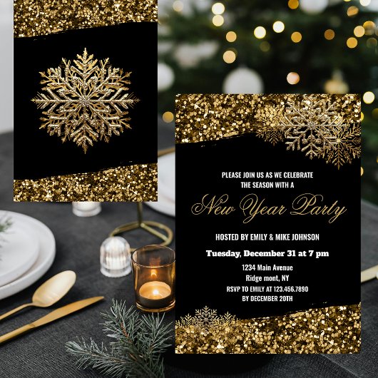 Elegant Gold Confetti Snowflakes New Year Party 招待状