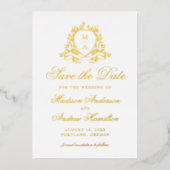 Elegant Gold Crest Monogram Wedding Save The Date 箔招待状 (正面)