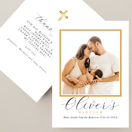 Elegant Gold Cross Baby´s Baptism Photo Script サンキューカード