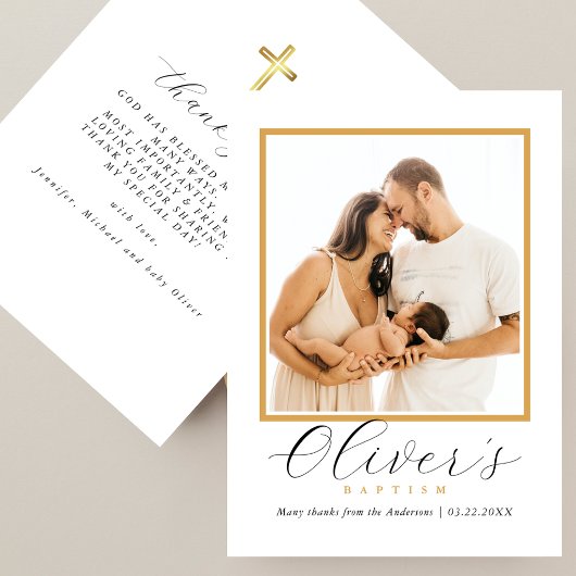 Elegant Gold Cross Baby´s Baptism Photo Script サンキューカード