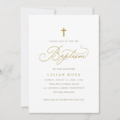 Elegant Gold Cross Calligraphy Photo Baptism 招待状 (正面)