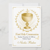 Elegant Gold Cross Chalice First Holy Communion 招待状 (正面)