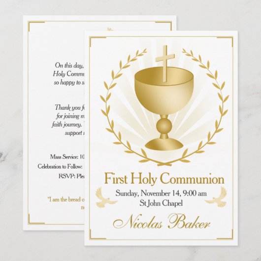 Elegant Gold Cross Chalice First Holy Communion 招待状 (正面/裏面)