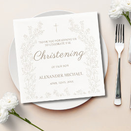 Elegant Gold Cross Floral Christening Baptism スタンダードカクテルナプキン