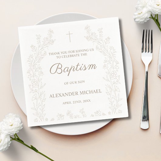 Elegant Gold Cross Floral Christian Baptism スタンダードカクテルナプキン
