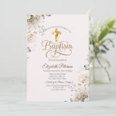 Elegant Gold Cross Roses Pink Baptism 招待状 (スタンド正面)
