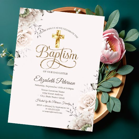 Elegant Gold Cross Roses Pink Baptism 招待状