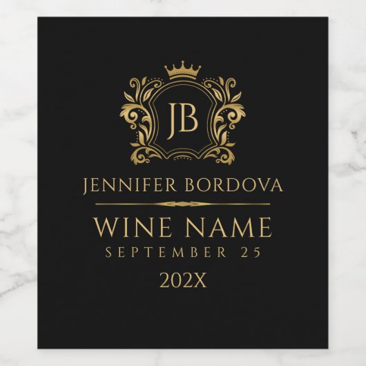 Elegant Gold Crown Frame On Custom Black ワインラベル (シングルラベル)